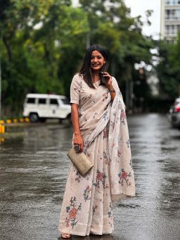 AMRUTKALA SAREES - Grey Designer Linen Floral Printed Saree with Unstitched Blouse