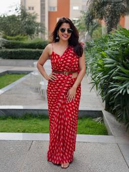 AMRUTKALA SAREES - Red Designer Linen Printed Saree with Unstitched Blouse