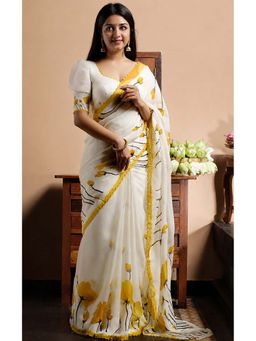 AMRUTKALA SAREES - White Designer Linen Floral Printed Saree with Unstitched Blouse