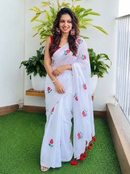 AMRUTKALA SAREES - White Designer Linen Floral Printed Saree with Unstitched Blouse
