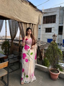 AMRUTKALA SAREES - Cream Designer Linen Sequined Saree with Unstitched Blouse