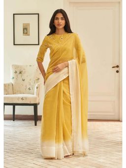 AMRUTKALA SAREES - Yellow Designer Linen Solid Saree with Unstitched Blouse