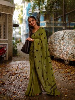 AMRUTKALA SAREES - Olive Designer Linen Polka Dots Printed Saree with Unstitched Blouse