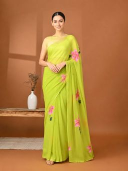 AMRUTKALA SAREES - Green Designer Linen Floral Printed Saree with Unstitched Blouse