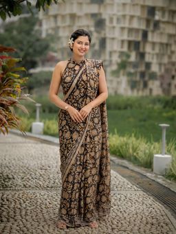 AMRUTKALA SAREES - Black Designer Linen Printed Saree with Unstitched Blouse