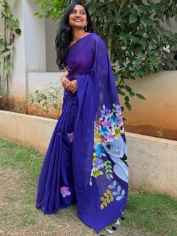 AMRUTKALA SAREES - Blue Designer Linen Printed Saree with Unstitched Blouse