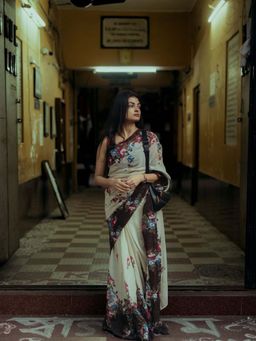 AMRUTKALA SAREES - Beige Designer Linen Floral Printed Saree with Unstitched Blouse