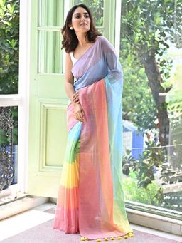 AMRUTKALA SAREES - Multi-Color Designer Linen Solid Saree with Unstitched Blouse