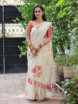 AMRUTKALA SAREES - Off White Designer Linen Printed Saree with Unstitched Blouse