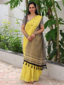 AMRUTKALA SAREES - Yellow Designer Linen Printed Saree with Unstitched Blouse