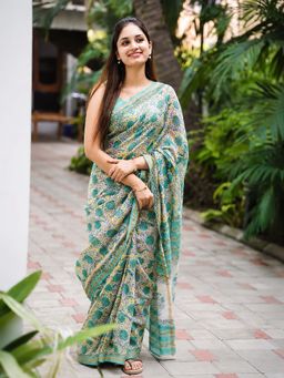 AMRUTKALA SAREES - Cream Designer Linen Floral Printed Saree with Unstitched Blouse