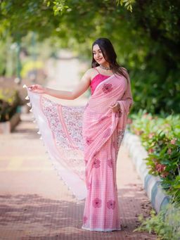 AMRUTKALA SAREES - Pink Designer Linen Printed Saree with Unstitched Blouse