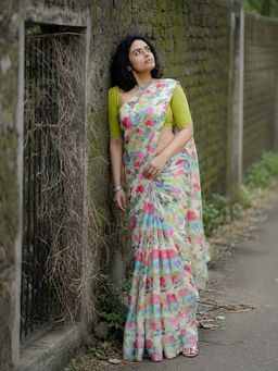 AMRUTKALA SAREES - Green Designer Linen Printed Saree with Unstitched Blouse