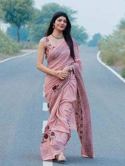 AMRUTKALA SAREES - Peach Designer Linen Floral Printed Saree with Unstitched Blouse