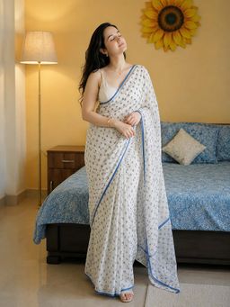 AMRUTKALA SAREES - White Designer Linen Printed Saree with Unstitched Blouse