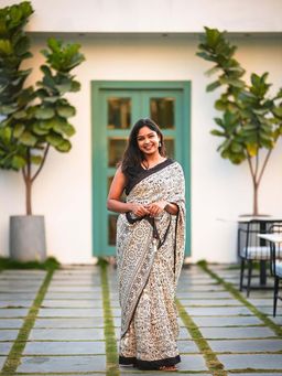 AMRUTKALA SAREES - White Designer Linen Printed Saree with Unstitched Blouse