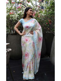 AMRUTKALA SAREES - White Designer Linen Floral Printed Saree with Unstitched Blouse