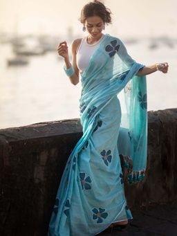 AMRUTKALA SAREES - Blue Designer Linen Printed Saree with Unstitched Blouse