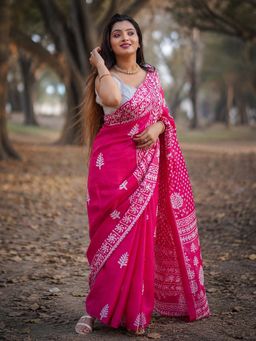 AMRUTKALA SAREES - Pink Designer Linen Printed Saree with Unstitched Blouse