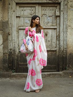 AMRUTKALA SAREES - White Designer Linen Floral Printed Saree with Unstitched Blouse