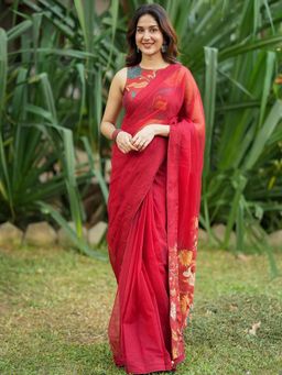 AMRUTKALA SAREES - Red Designer Linen Floral Printed Saree with Unstitched Blouse