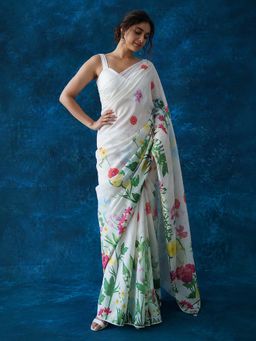 AMRUTKALA SAREES - White Designer Linen Floral Printed Saree with Unstitched Blouse
