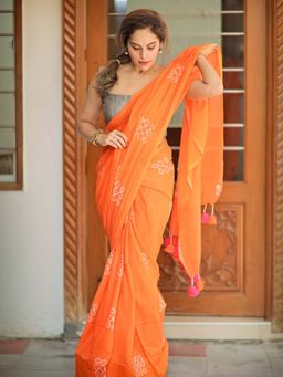 AMRUTKALA SAREES - Orange Designer Linen Printed Saree with Unstitched Blouse