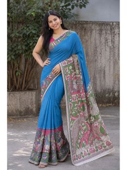 AMRUTKALA SAREES - Blue Designer Linen Printed Saree with Unstitched Blouse