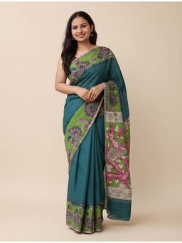 AMRUTKALA SAREES - Green Designer Linen Printed Saree with Unstitched Blouse