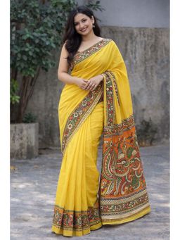 AMRUTKALA SAREES - Yellow Designer Linen Printed Saree with Unstitched Blouse