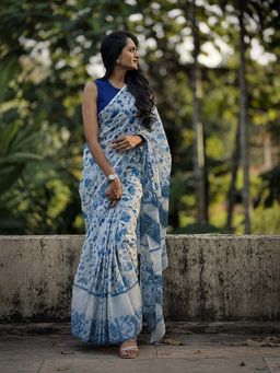 AMRUTKALA SAREES - White Designer Linen Floral Printed Saree with Unstitched Blouse