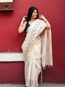 AMRUTKALA SAREES - Beige Designer Linen Printed Saree with Unstitched Blouse