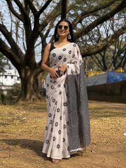 AMRUTKALA SAREES - White Designer Linen Printed Saree with Unstitched Blouse