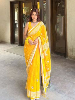 AMRUTKALA SAREES - Yellow Designer Linen Printed Saree with Unstitched Blouse