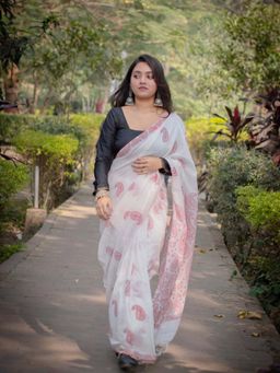 AMRUTKALA SAREES - White Designer Linen Paisley Printed Saree with Unstitched Blouse