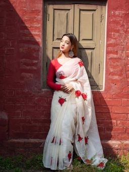 AMRUTKALA SAREES - White Designer Linen Floral Printed Saree with Unstitched Blouse