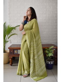 AMRUTKALA SAREES - Green Designer Linen Printed Saree with Unstitched Blouse