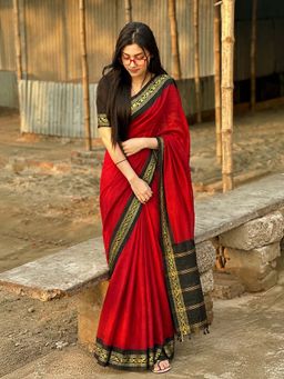 AMRUTKALA SAREES - Red Designer Linen Woven Zari Saree with Unstitched Blouse