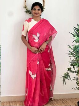 AMRUTKALA SAREES - Pink Designer Linen Printed Saree with Unstitched Blouse