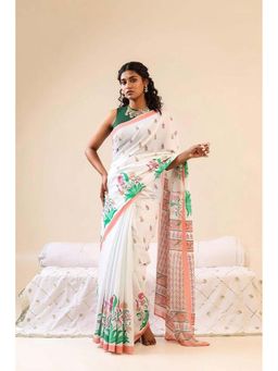 AMRUTKALA SAREES - White Designer Linen Floral Printed Saree with Unstitched Blouse