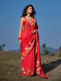 AMRUTKALA SAREES - Red Designer Linen Floral Printed Saree with Unstitched Blouse
