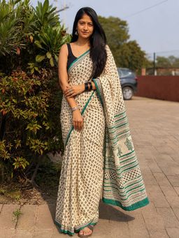 AMRUTKALA SAREES - Beige Designer Linen Printed Saree with Unstitched Blouse