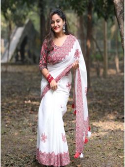 AMRUTKALA SAREES - White Designer Linen Printed Saree with Unstitched Blouse