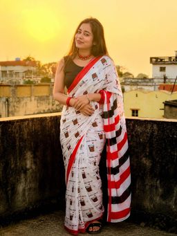 AMRUTKALA SAREES - White Designer Linen Printed Saree with Unstitched Blouse