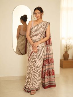 AMRUTKALA SAREES - Beige Designer Linen Printed Saree with Unstitched Blouse