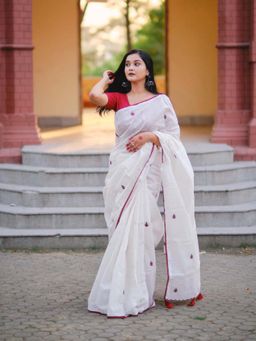 AMRUTKALA SAREES - White Designer Linen Printed Saree with Unstitched Blouse
