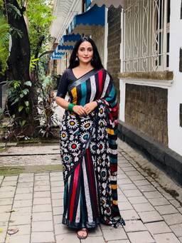 AMRUTKALA SAREES - Black Designer Linen Printed Saree with Unstitched Blouse