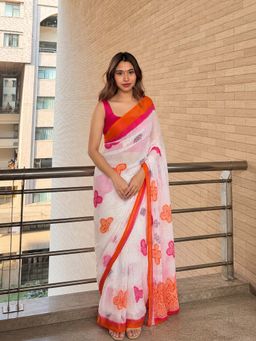AMRUTKALA SAREES - White Designer Linen Printed Saree with Unstitched Blouse