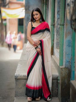 AMRUTKALA SAREES - Beige Designer Linen Printed Saree with Unstitched Blouse