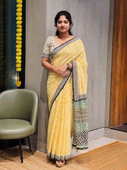 AMRUTKALA SAREES - Yellow Designer Linen Printed Saree with Unstitched Blouse